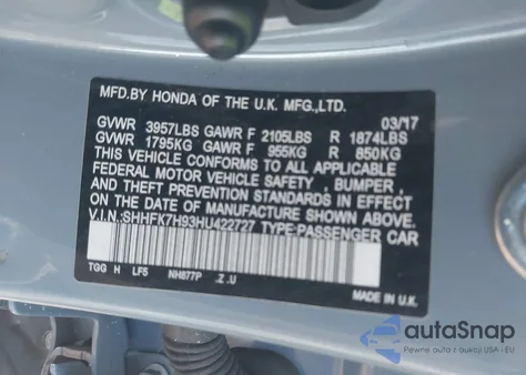 2017 Honda Civic Sport Touring z USA, uszkodzony, nr VIN SHHFK7H93HU422727